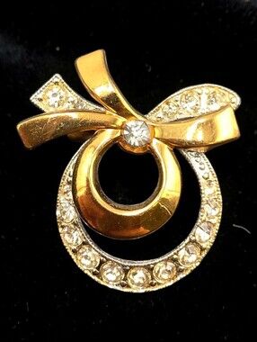 Vintage Gold Tone & Silver Tone Rhinestone Bow Circle Brooch | Two-Tone Ribbon